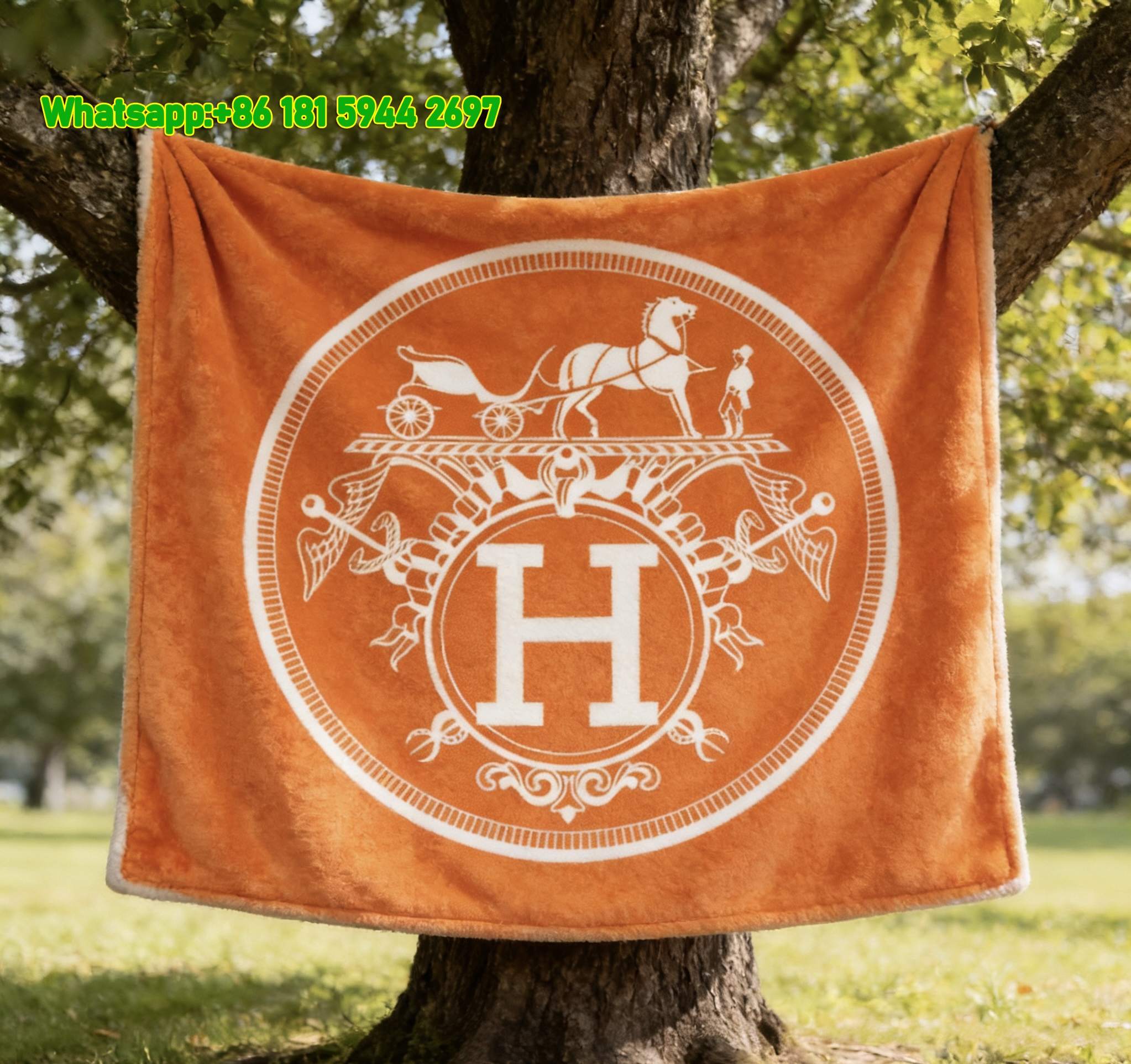 Hermès Iconic Orange H Crest Flannel Fleece Throw Blanket IMG_4958